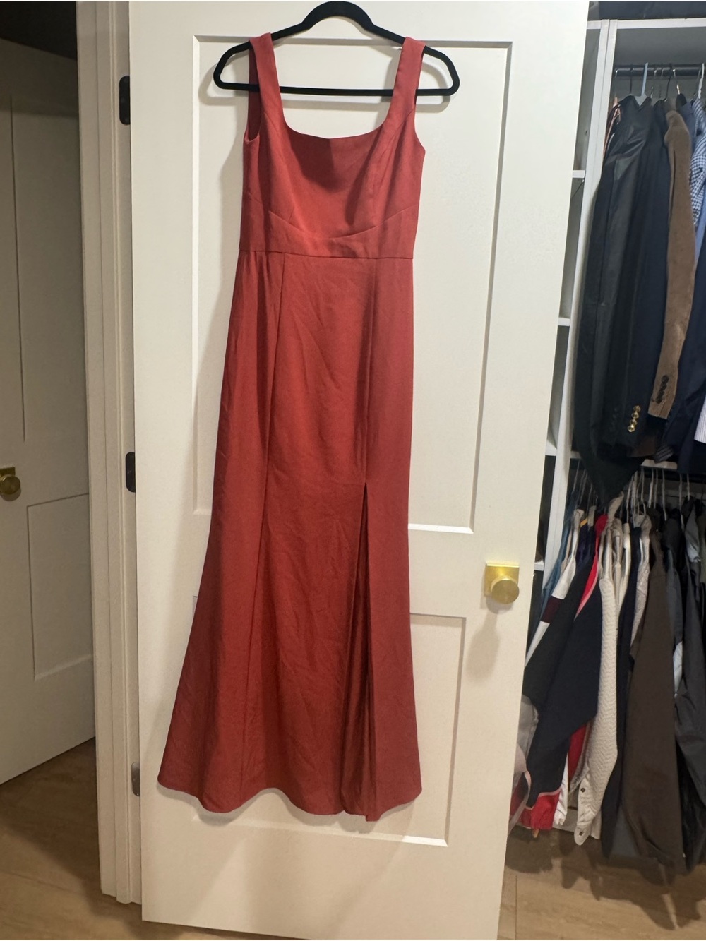 Amsale Rust Red Sleeveless Maxi Dress with Square Neck